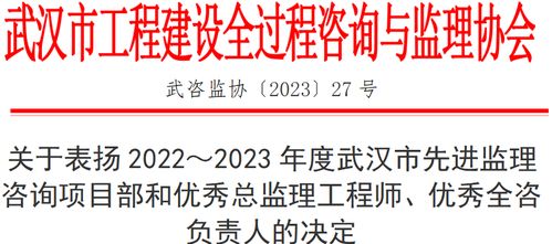 关于表扬2022 2023年度武汉市先进监理咨询项目部和优秀总监理工程师 优秀全咨负责人的决定